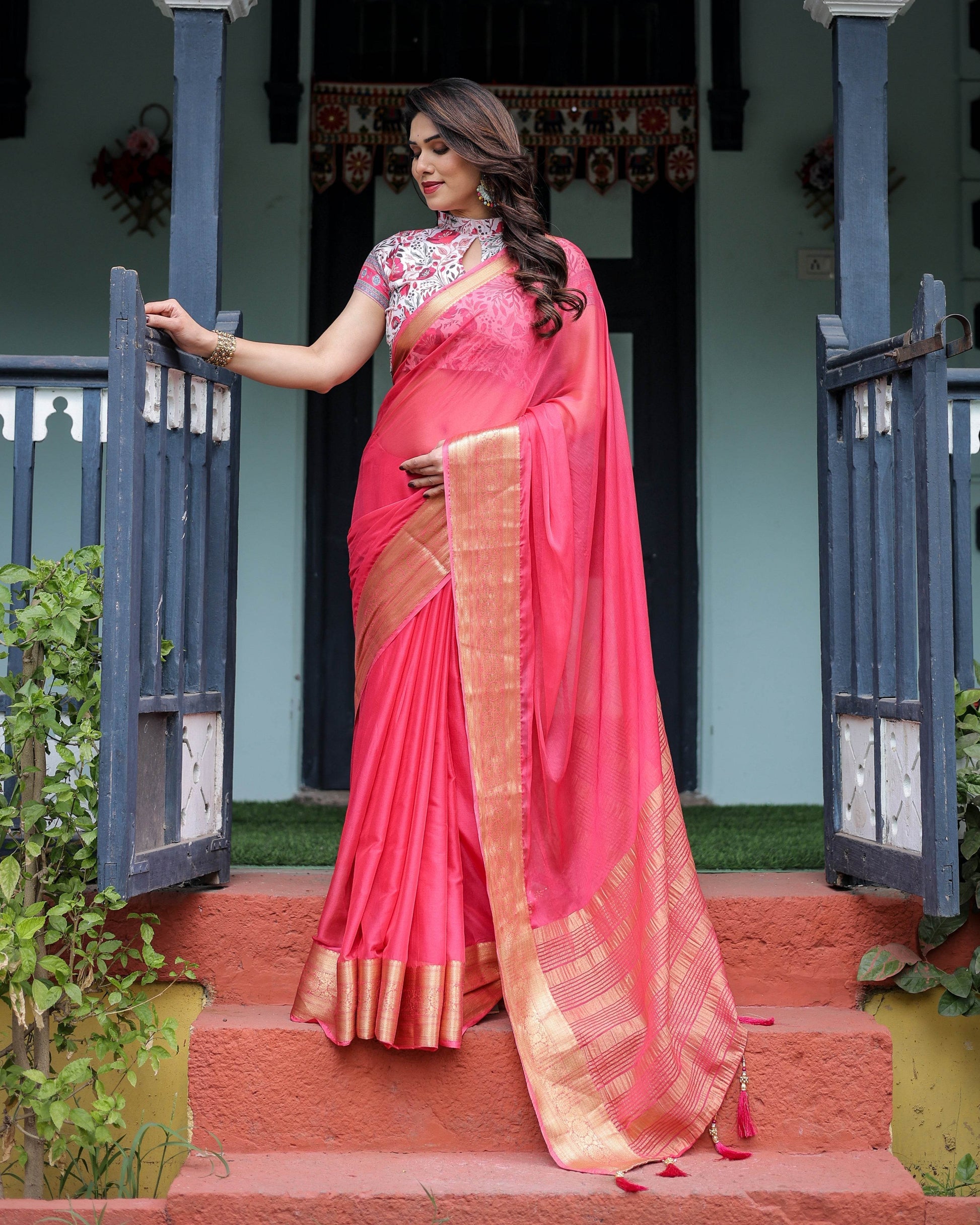 Raspberry Pink Plain Chiffon Saree with Gold Zari Border, High-Neck Floral Printed Blouse & Tassel Detailing - SEEANS