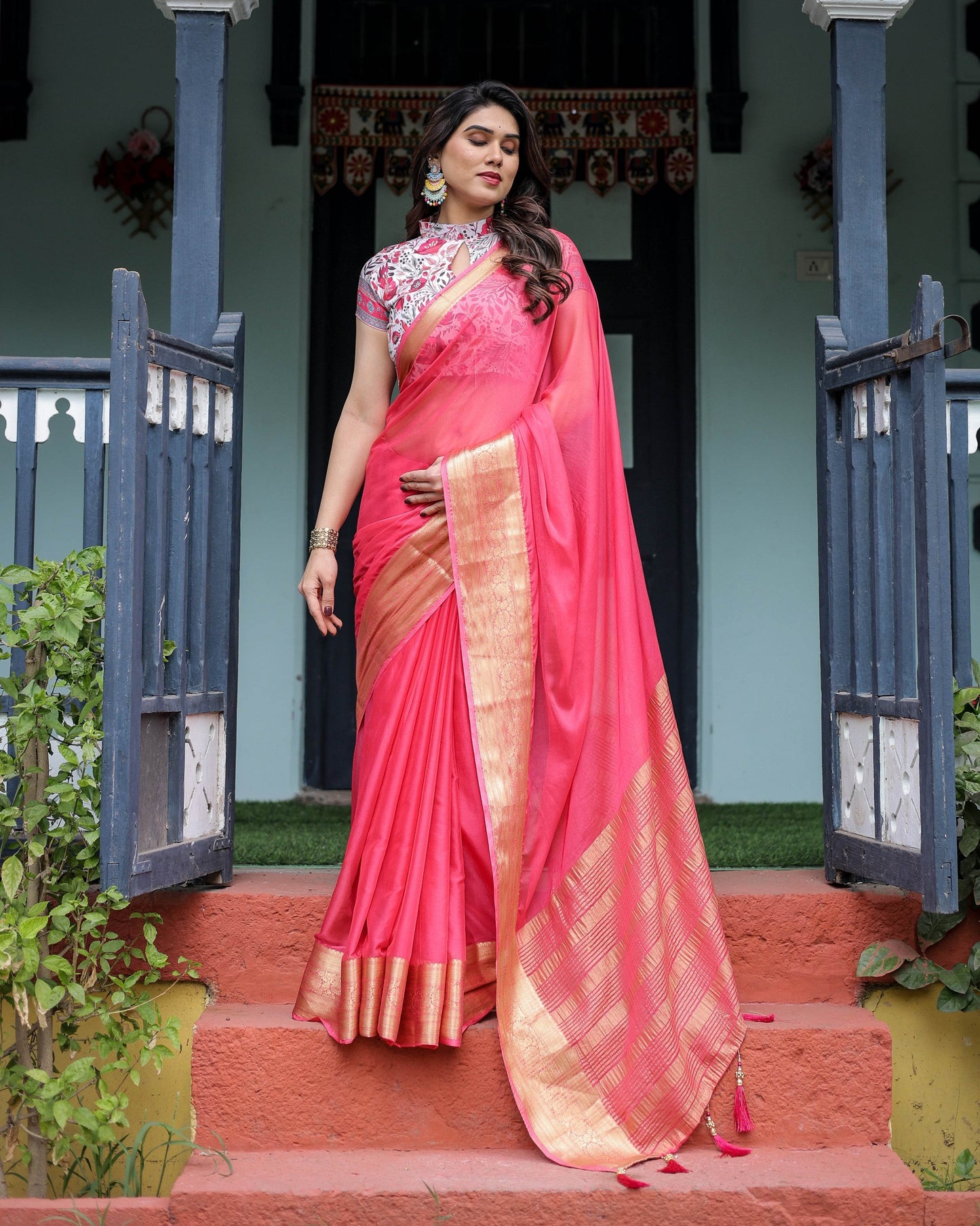 Raspberry Pink Plain Chiffon Saree with Gold Zari Border, High-Neck Floral Printed Blouse & Tassel Detailing - SEEANS