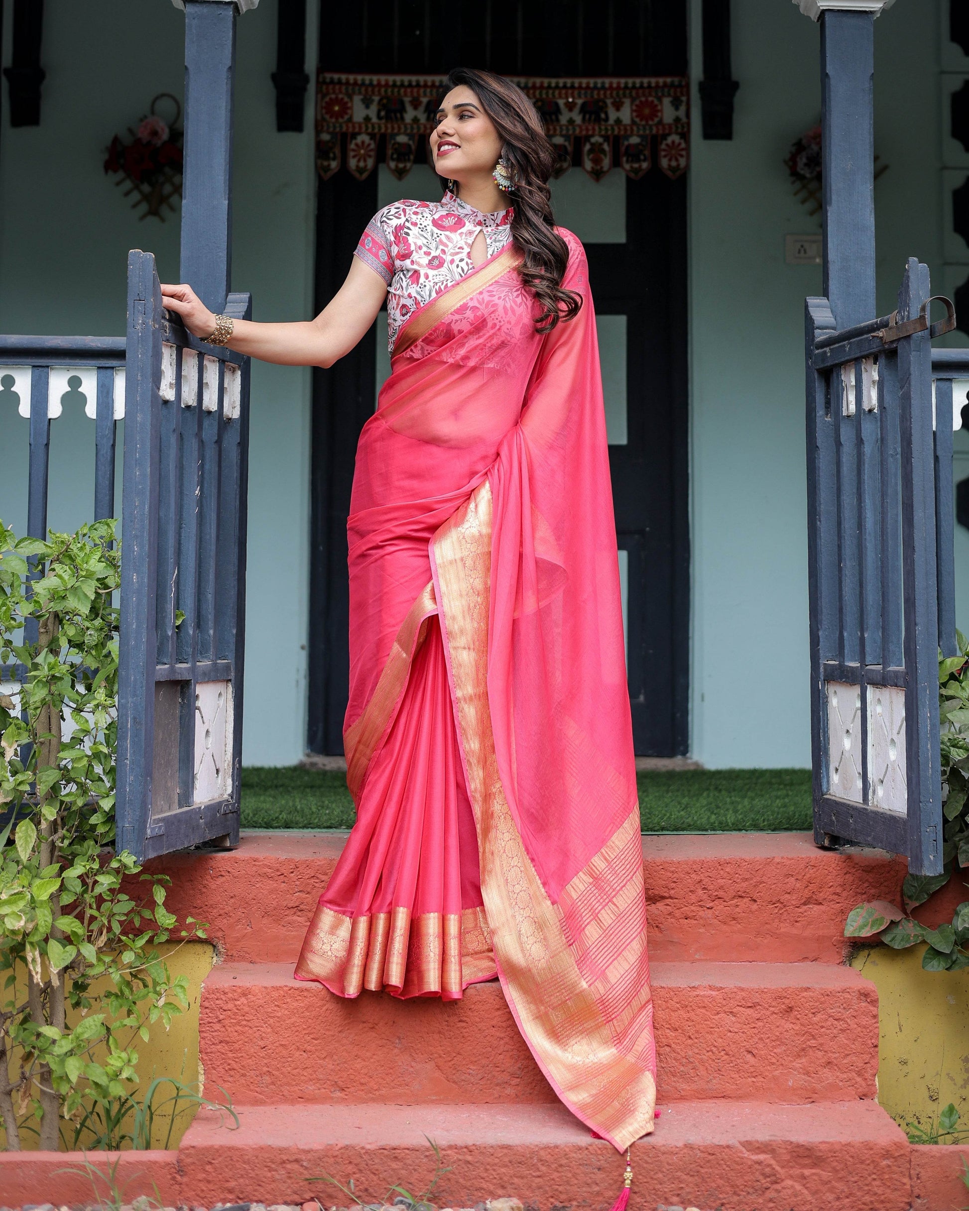 Raspberry Pink Plain Chiffon Saree with Gold Zari Border, High-Neck Floral Printed Blouse & Tassel Detailing - SEEANS