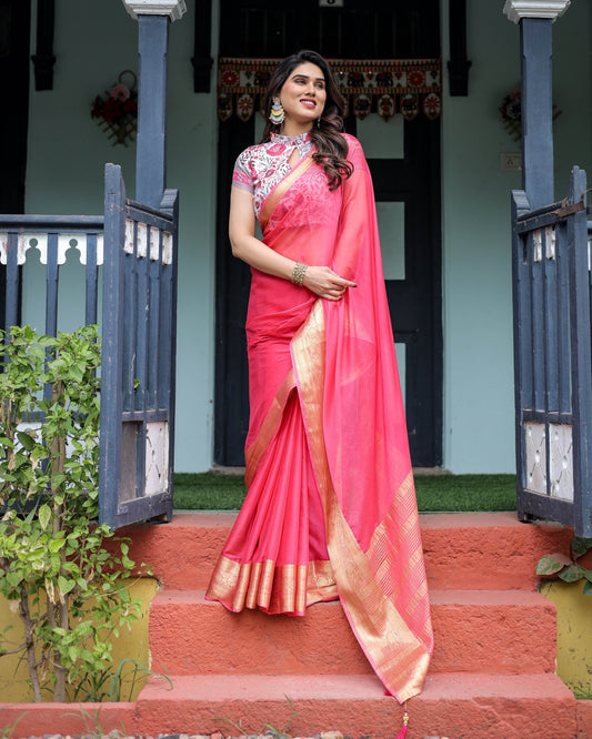 Raspberry Pink Plain Chiffon Saree with Gold Zari Border, High-Neck Floral Printed Blouse & Tassel Detailing - SEEANS