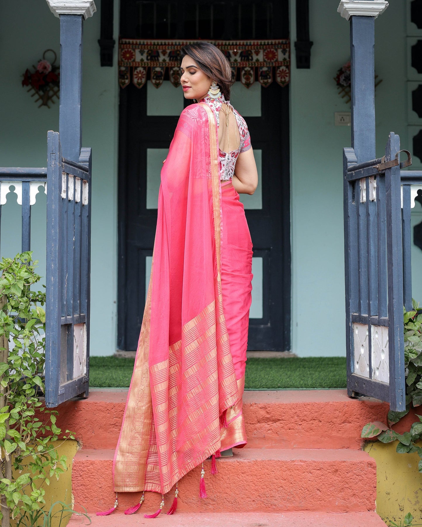 Raspberry Pink Plain Chiffon Saree with Gold Zari Border, High-Neck Floral Printed Blouse & Tassel Detailing - SEEANS