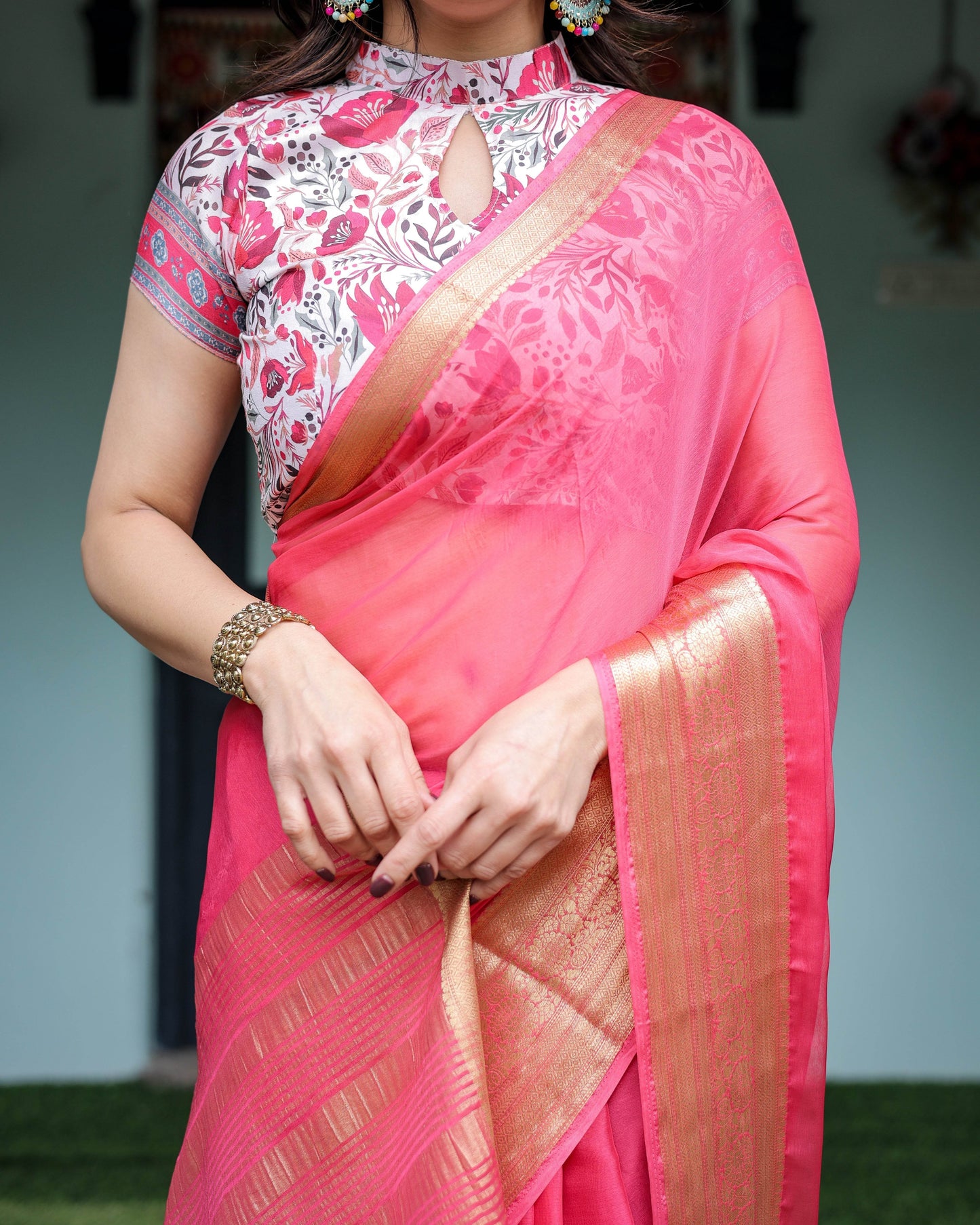 Raspberry Pink Plain Chiffon Saree with Gold Zari Border, High-Neck Floral Printed Blouse & Tassel Detailing - SEEANS