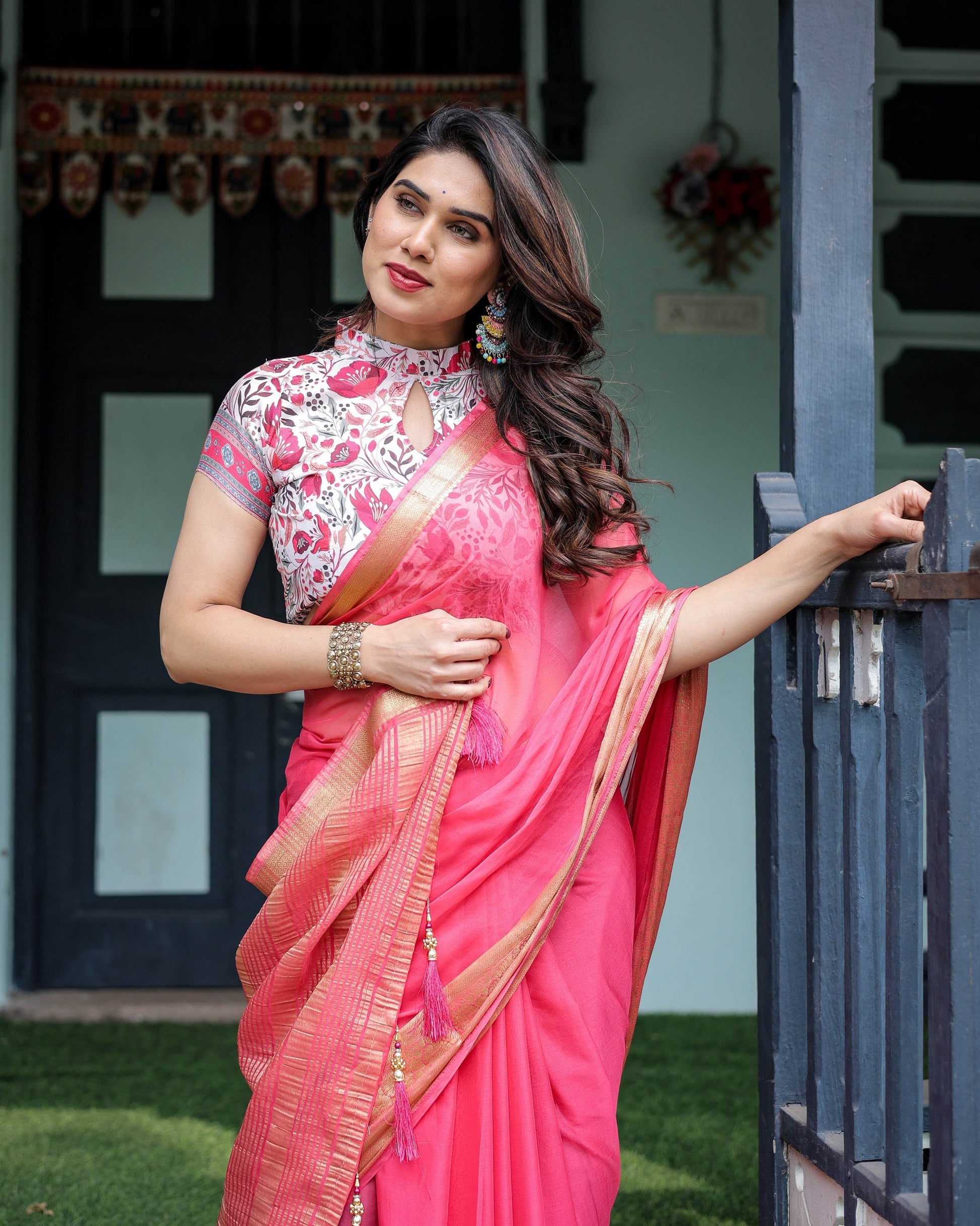 Raspberry Pink Plain Chiffon Saree with Gold Zari Border, High-Neck Floral Printed Blouse & Tassel Detailing - SEEANS