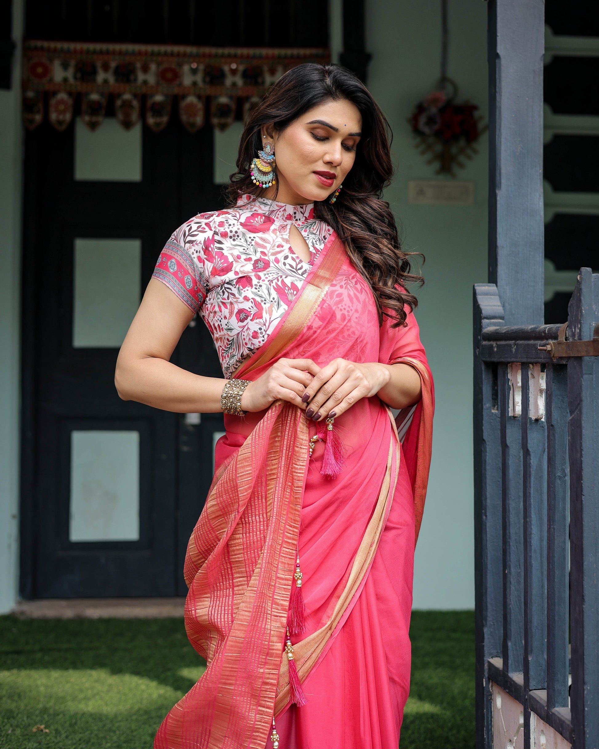 Raspberry Pink Plain Chiffon Saree with Gold Zari Border, High-Neck Floral Printed Blouse & Tassel Detailing - SEEANS