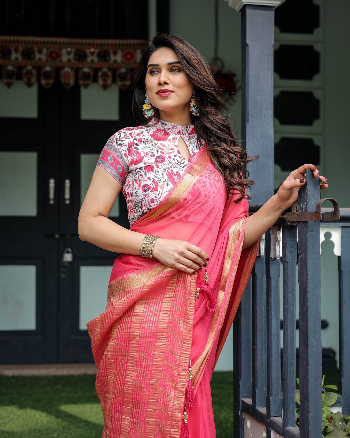 Raspberry Pink Plain Chiffon Saree with Gold Zari Border, High-Neck Floral Printed Blouse & Tassel Detailing - SEEANS