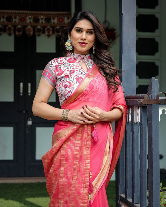 Raspberry Pink Plain Chiffon Saree with Gold Zari Border, High-Neck Floral Printed Blouse & Tassel Detailing - SEEANS