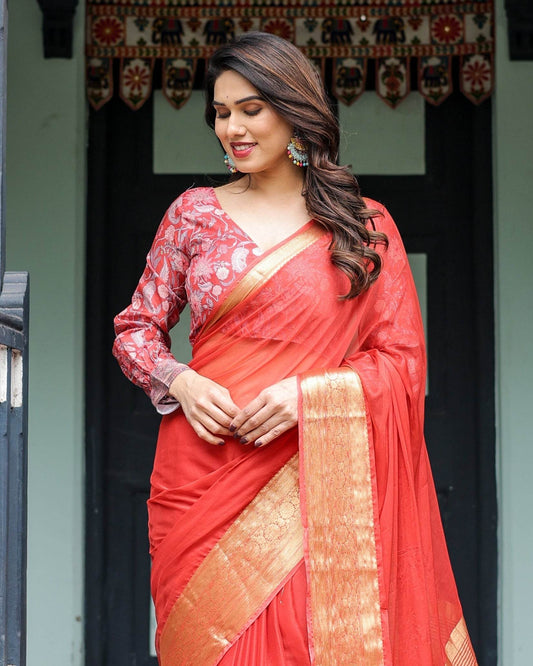 Fiery Red Plain Chiffon Saree with Gold Zari Border, Full-Sleeve Floral Blouse & Tassel Detailing - SEEANS