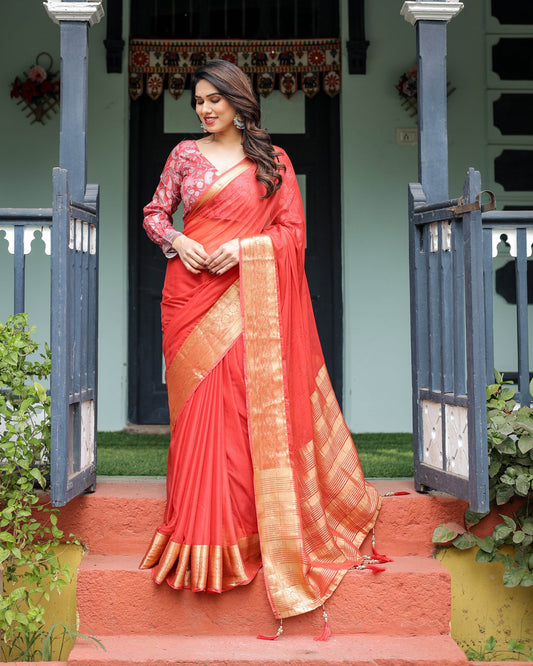 Fiery Red Plain Chiffon Saree with Gold Zari Border, Full-Sleeve Floral Blouse & Tassel Detailing - SEEANS