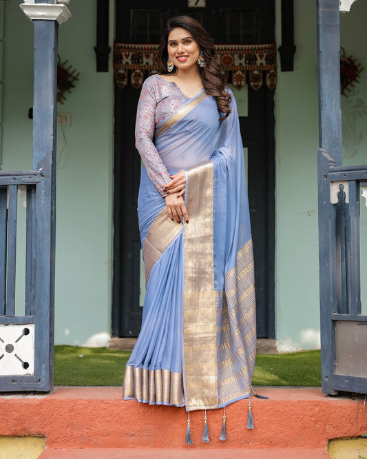 Sky Blue Plain Chiffon Saree with Gold Zari Border, Geometric Printed Blouse & Tassel Detailing - SEEANS