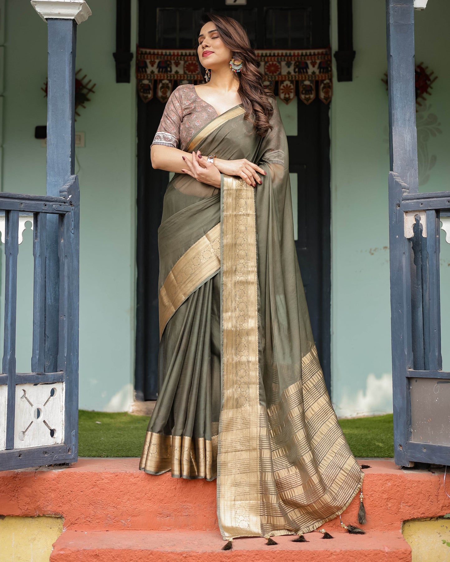 Elegant Olive Green Plain Chiffon Saree with Gold Zari Border, Floral Printed Blouse & Tassel Detailing - SEEANS