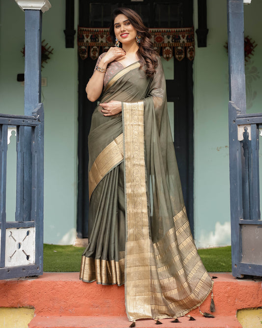 Elegant Olive Green Plain Chiffon Saree with Gold Zari Border, Floral Printed Blouse & Tassel Detailing - SEEANS