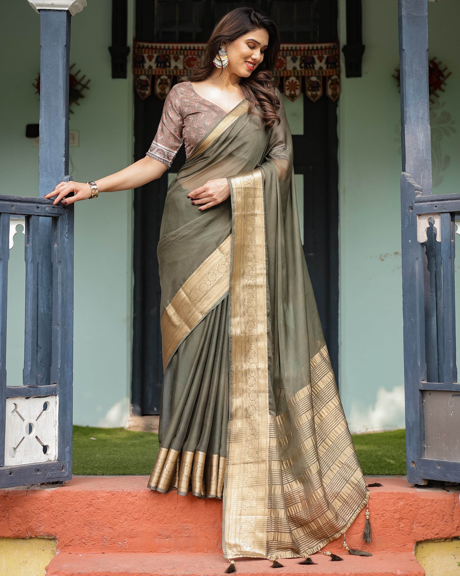 Elegant Olive Green Plain Chiffon Saree with Gold Zari Border, Floral Printed Blouse & Tassel Detailing - SEEANS