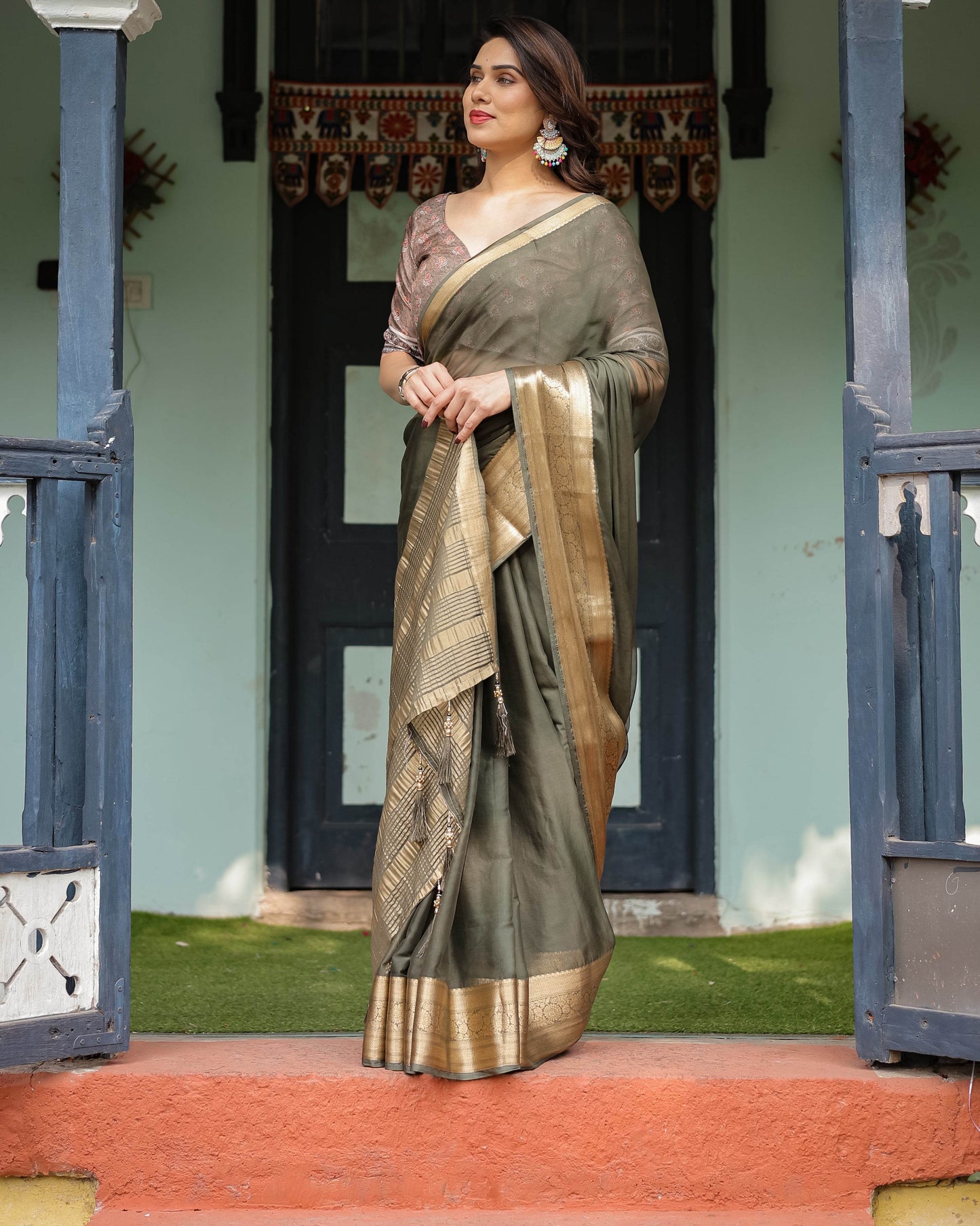 Elegant Olive Green Plain Chiffon Saree with Gold Zari Border, Floral Printed Blouse & Tassel Detailing - SEEANS