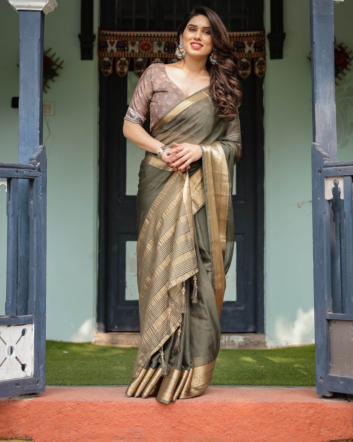 Elegant Olive Green Plain Chiffon Saree with Gold Zari Border, Floral Printed Blouse & Tassel Detailing - SEEANS