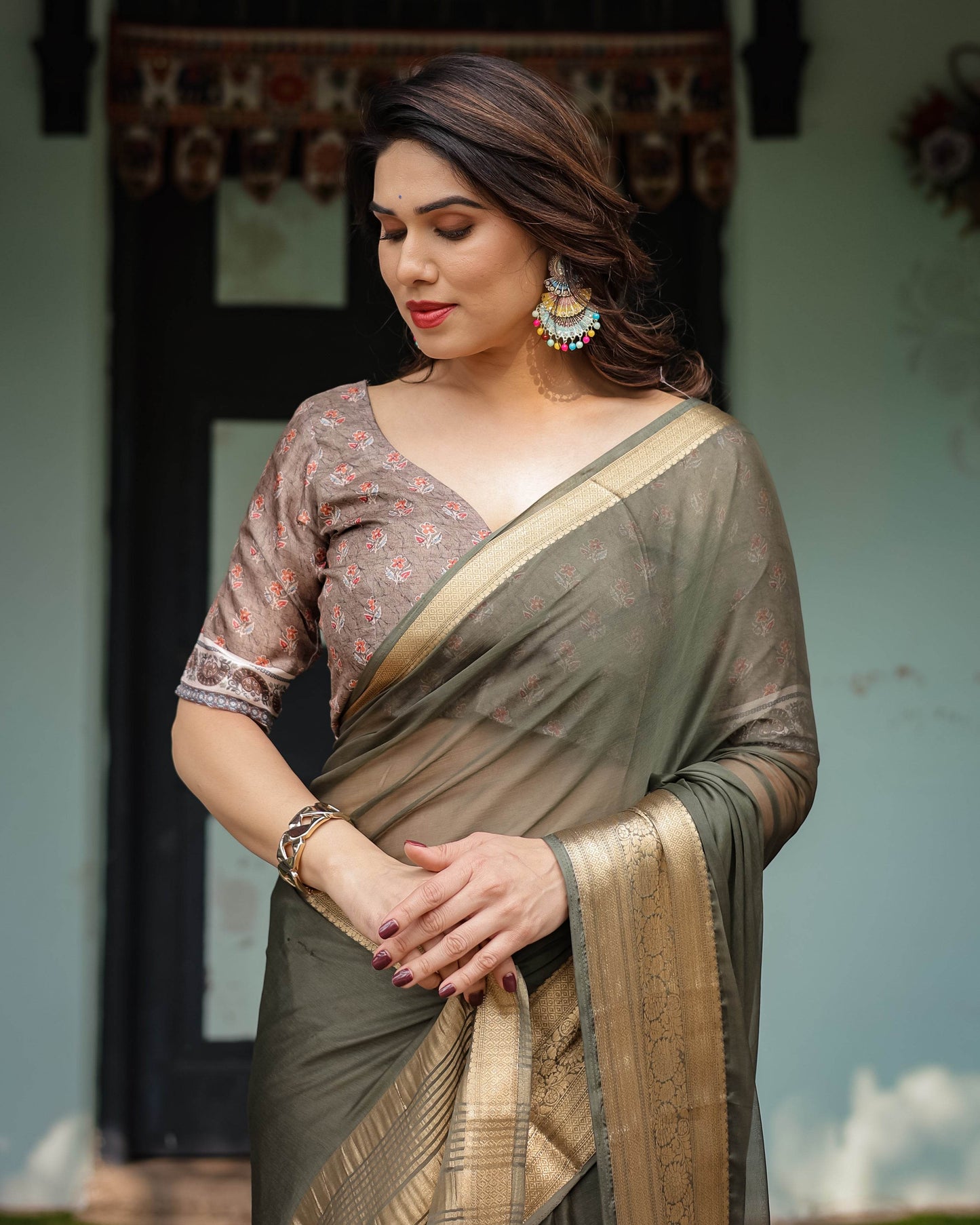 Elegant Olive Green Plain Chiffon Saree with Gold Zari Border, Floral Printed Blouse & Tassel Detailing - SEEANS