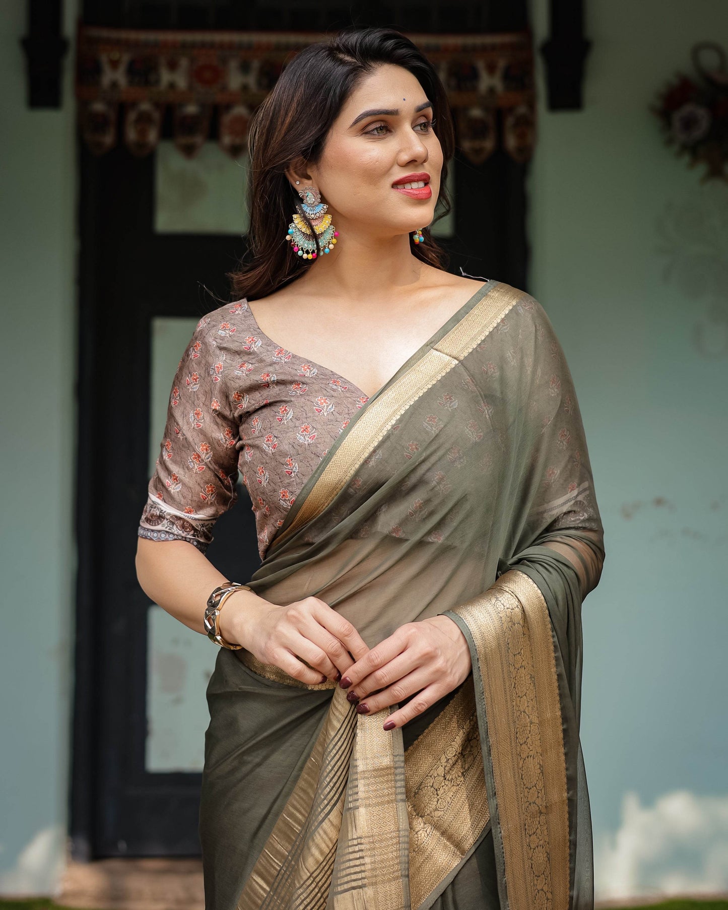 Elegant Olive Green Plain Chiffon Saree with Gold Zari Border, Floral Printed Blouse & Tassel Detailing - SEEANS