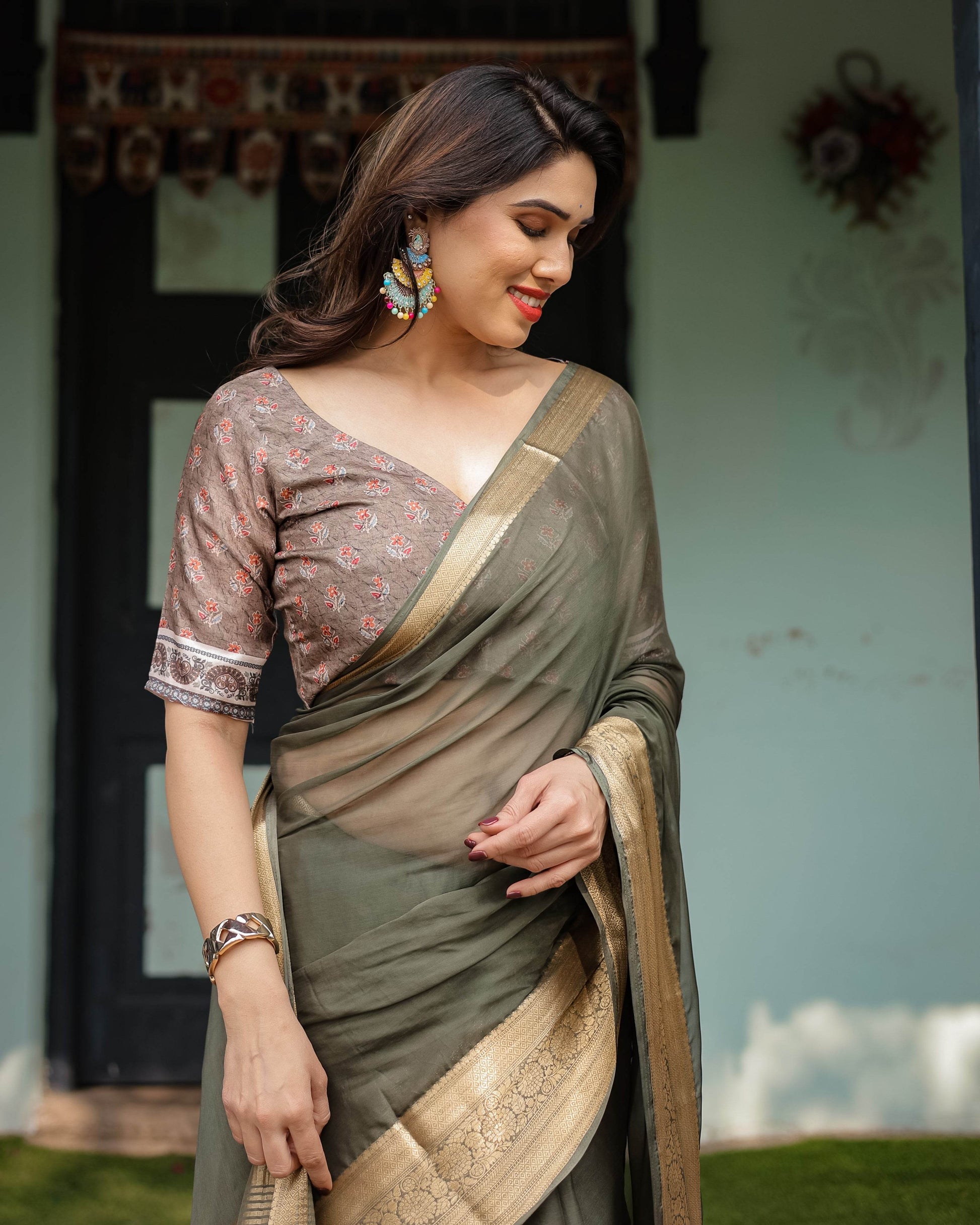 Elegant Olive Green Plain Chiffon Saree with Gold Zari Border, Floral Printed Blouse & Tassel Detailing - SEEANS