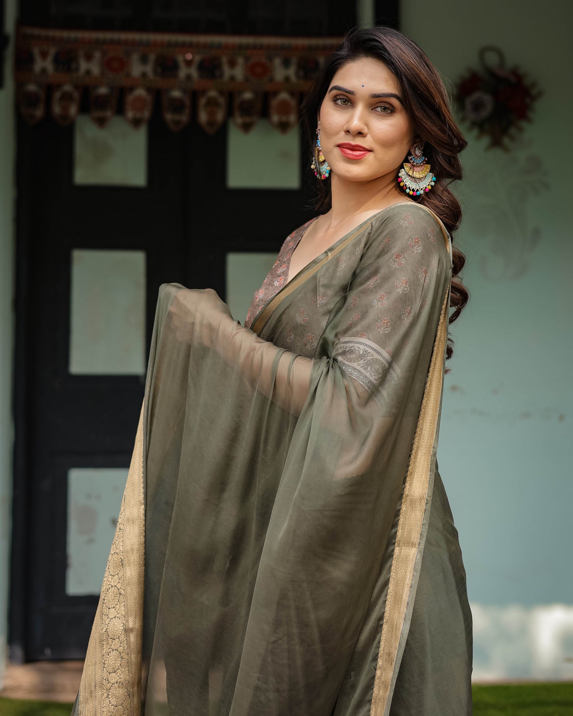 Elegant Olive Green Plain Chiffon Saree with Gold Zari Border, Floral Printed Blouse & Tassel Detailing - SEEANS