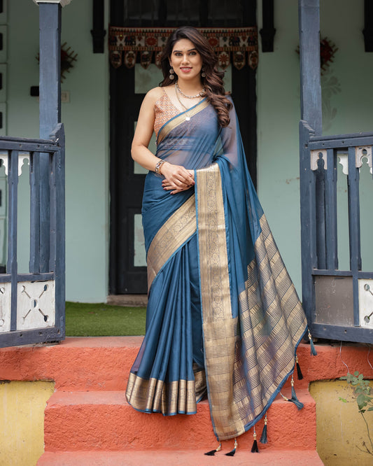 Teal Blue Plain Chiffon Saree with Gold Zari Border, Geometric Printed Blouse & Tassel Detailing - SEEANS