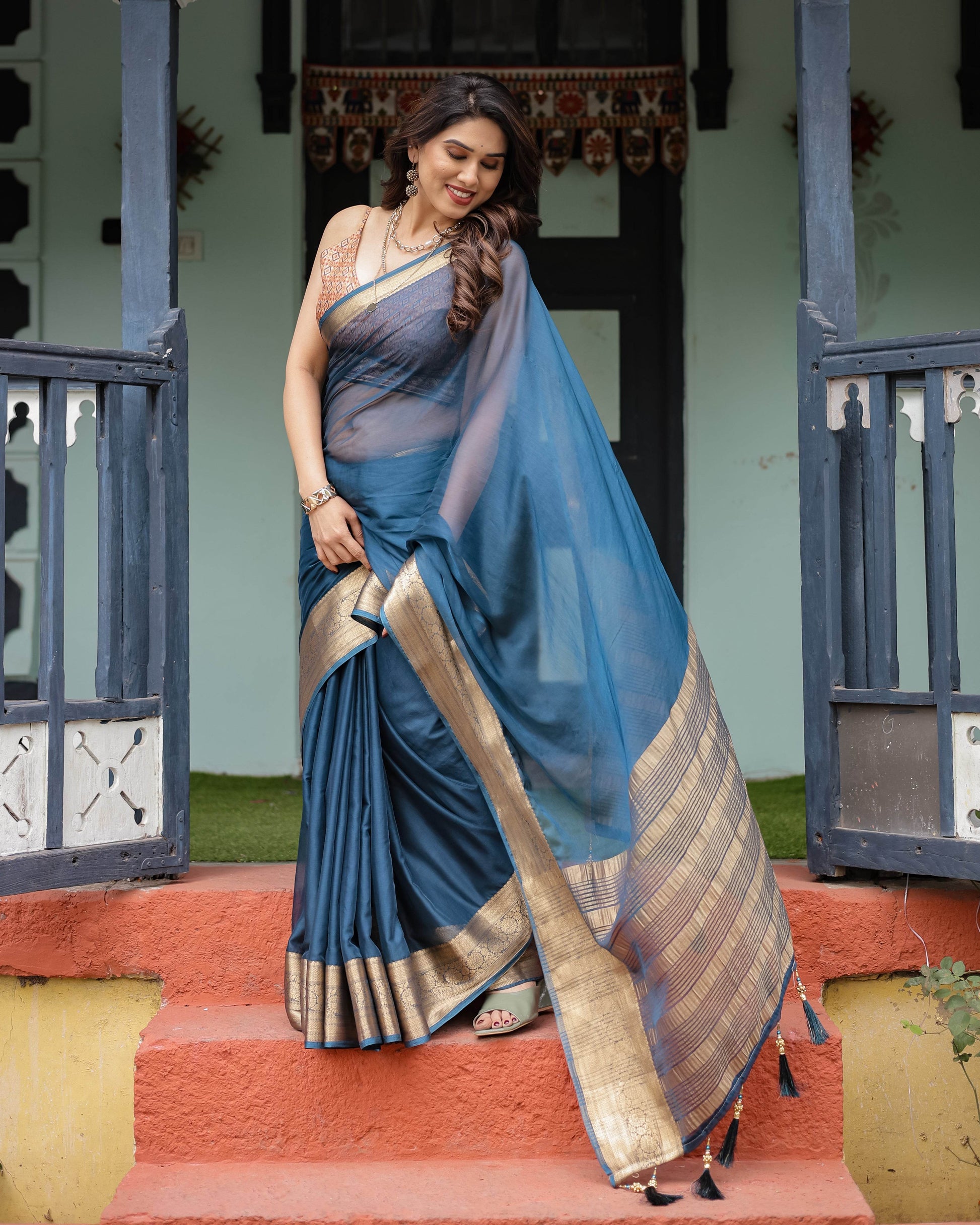 Teal Blue Plain Chiffon Saree with Gold Zari Border, Geometric Printed Blouse & Tassel Detailing - SEEANS