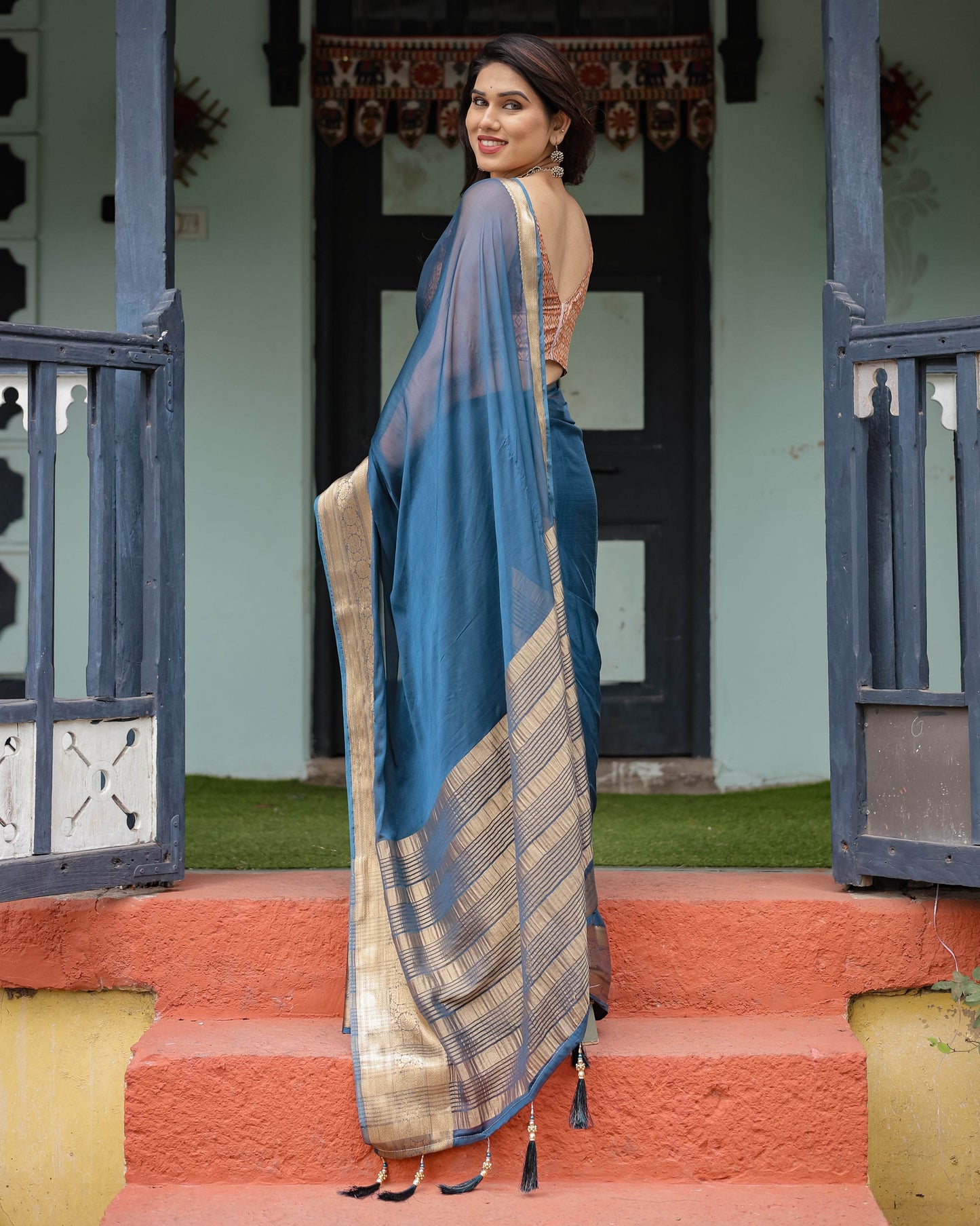 Teal Blue Plain Chiffon Saree with Gold Zari Border, Geometric Printed Blouse & Tassel Detailing - SEEANS