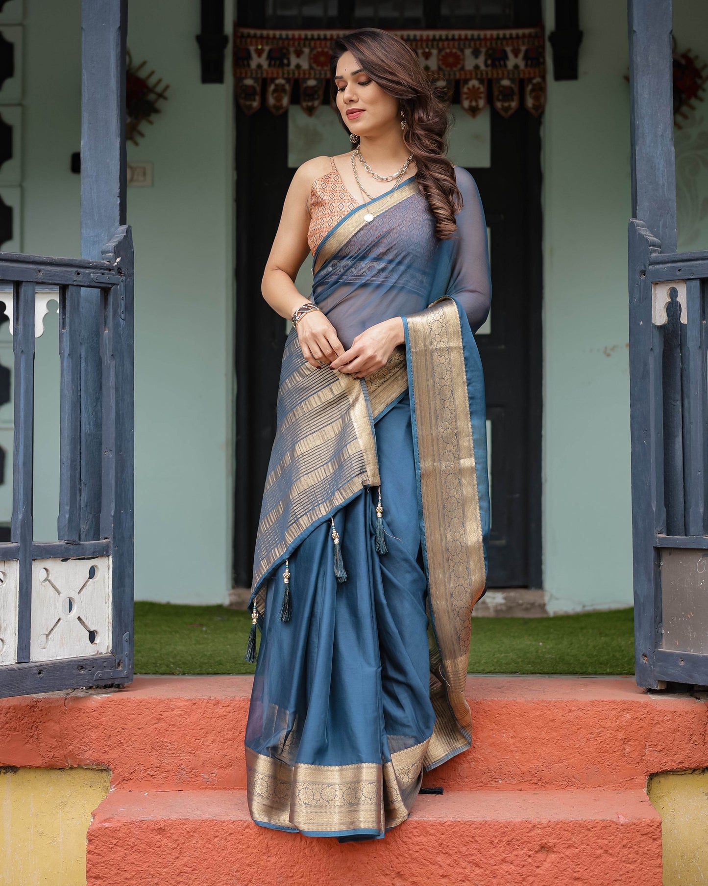 Teal Blue Plain Chiffon Saree with Gold Zari Border, Geometric Printed Blouse & Tassel Detailing - SEEANS