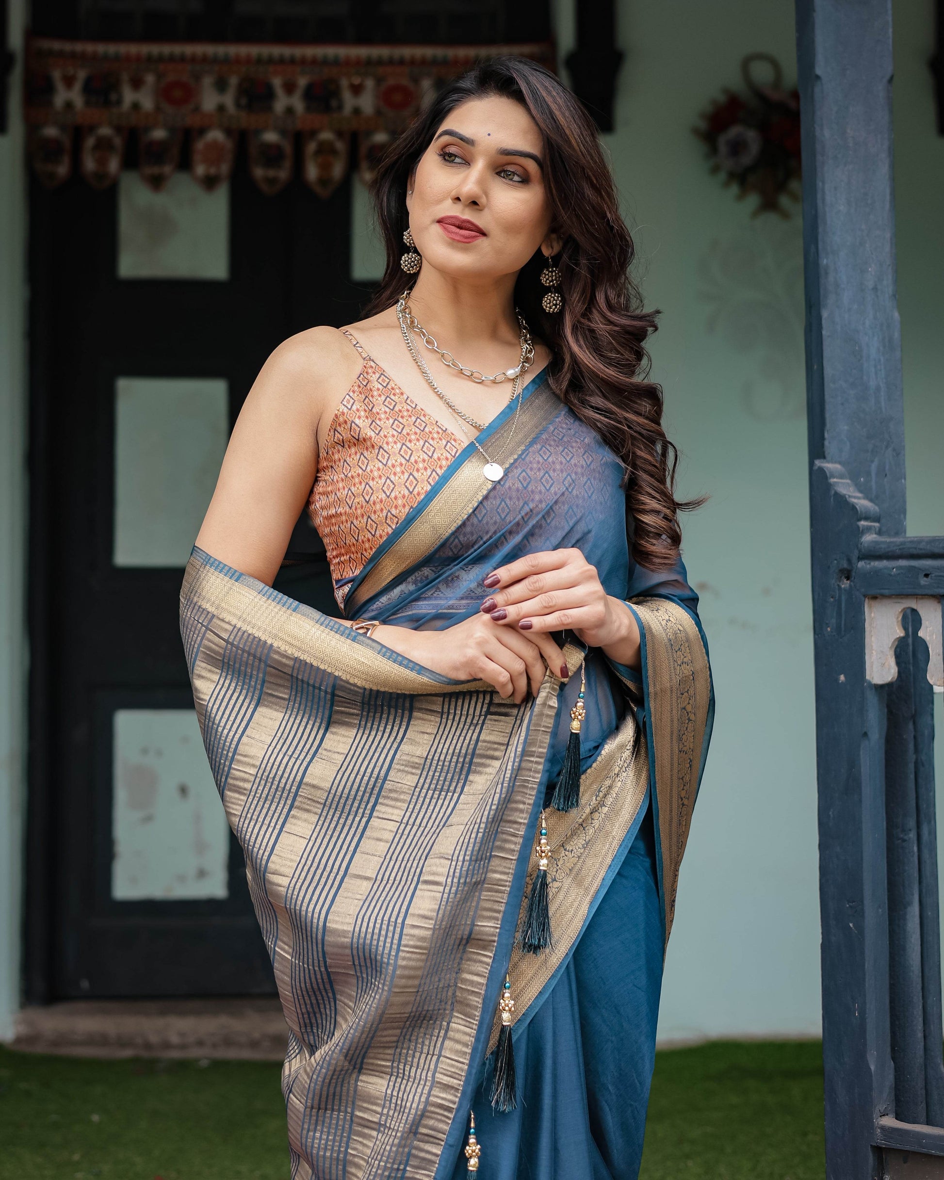 Teal Blue Plain Chiffon Saree with Gold Zari Border, Geometric Printed Blouse & Tassel Detailing - SEEANS