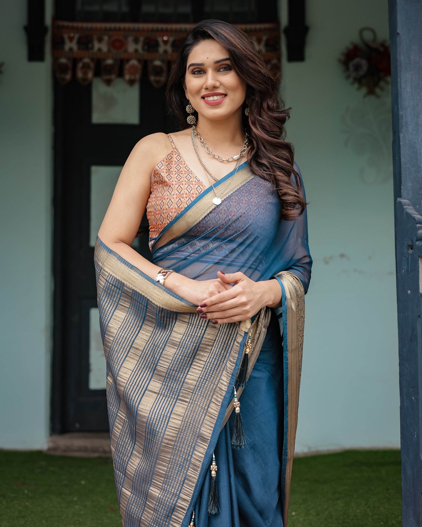 Teal Blue Plain Chiffon Saree with Gold Zari Border, Geometric Printed Blouse & Tassel Detailing - SEEANS