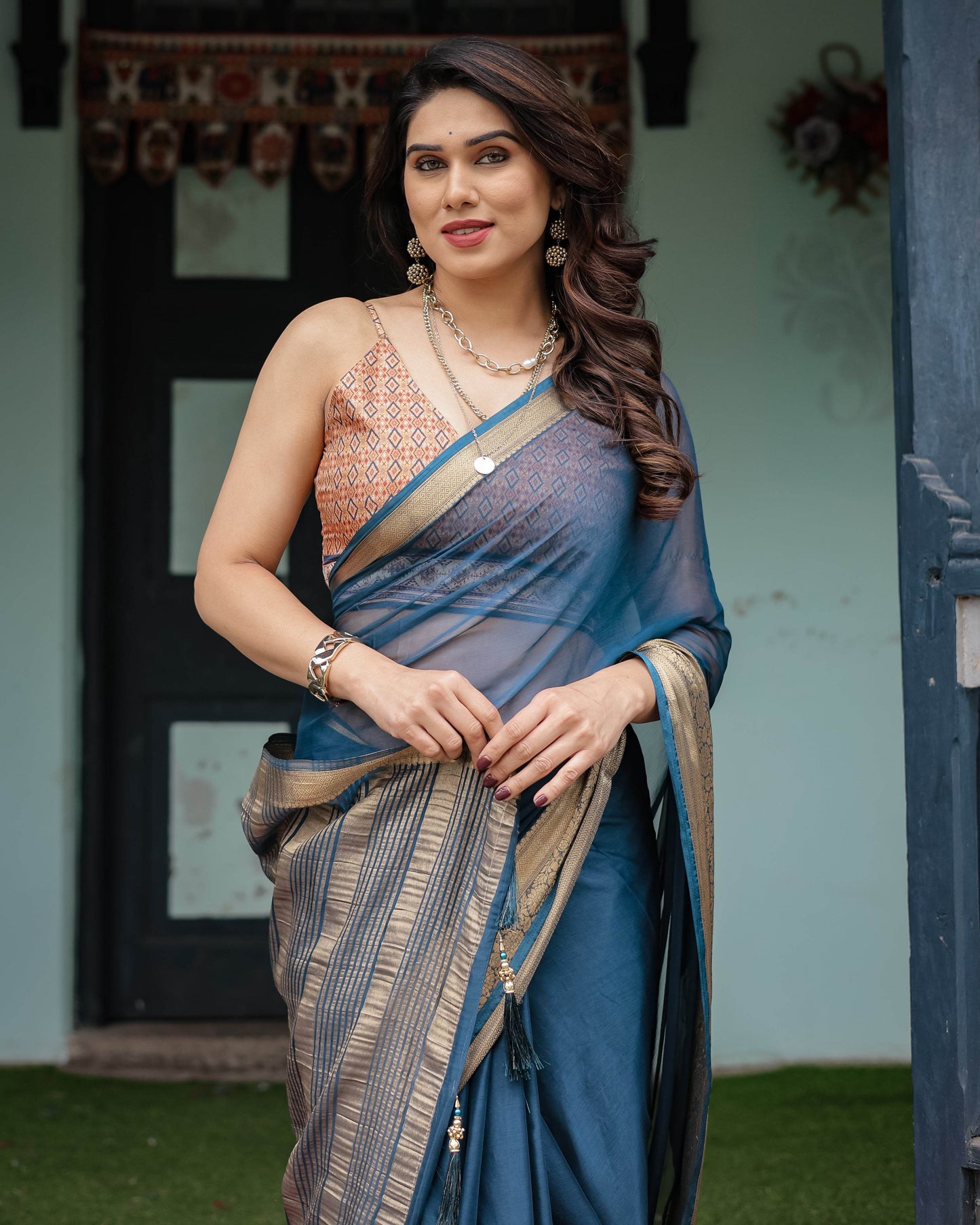 Teal Blue Plain Chiffon Saree with Gold Zari Border, Geometric Printed Blouse & Tassel Detailing - SEEANS