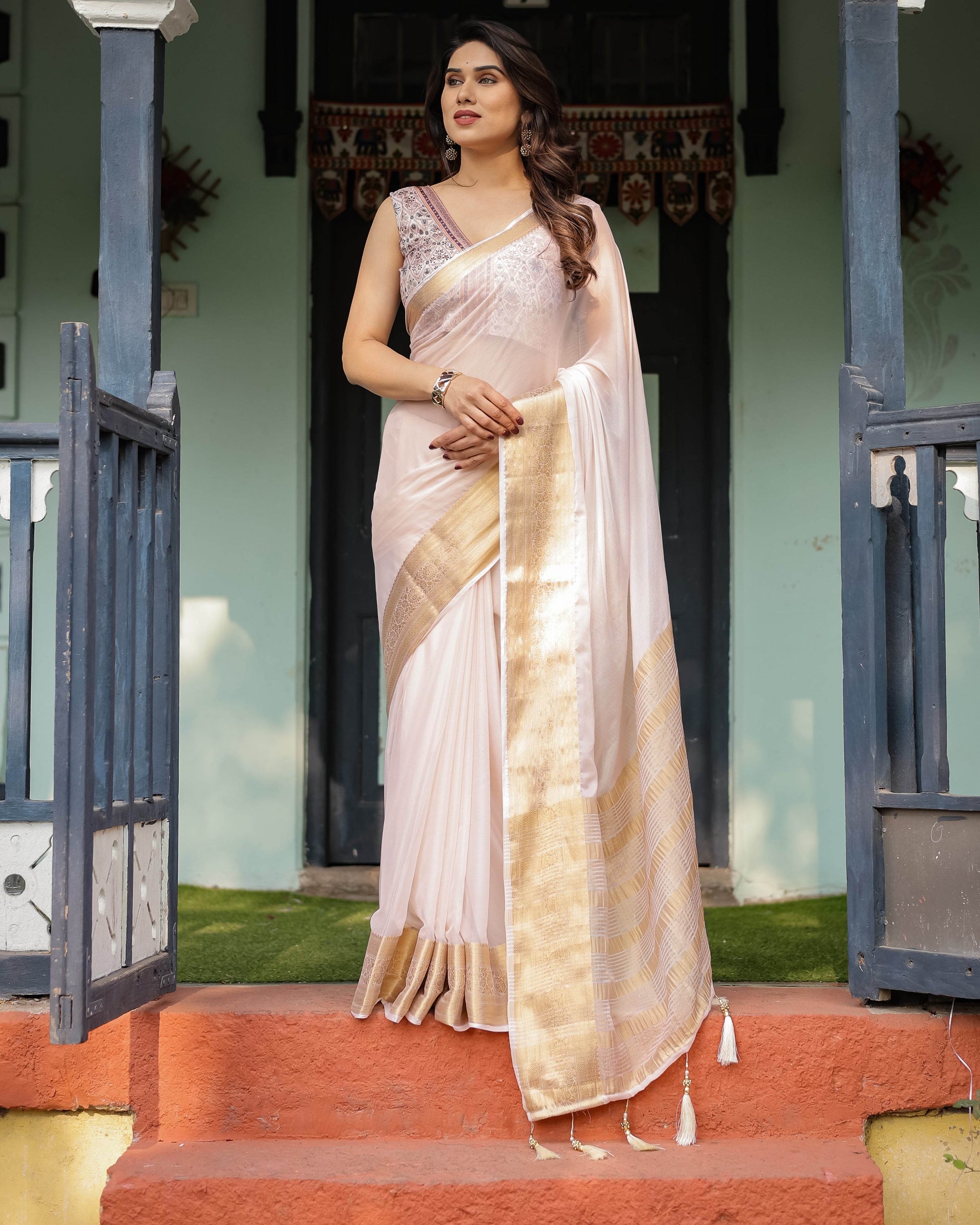 Ethereal Off-White Plain Chiffon Saree with Gold Zari Border, Intricate Floral Printed Blouse & Tassel Detailing - SEEANS