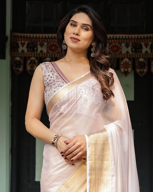 Ethereal Off-White Plain Chiffon Saree with Gold Zari Border, Intricate Floral Printed Blouse & Tassel Detailing - SEEANS