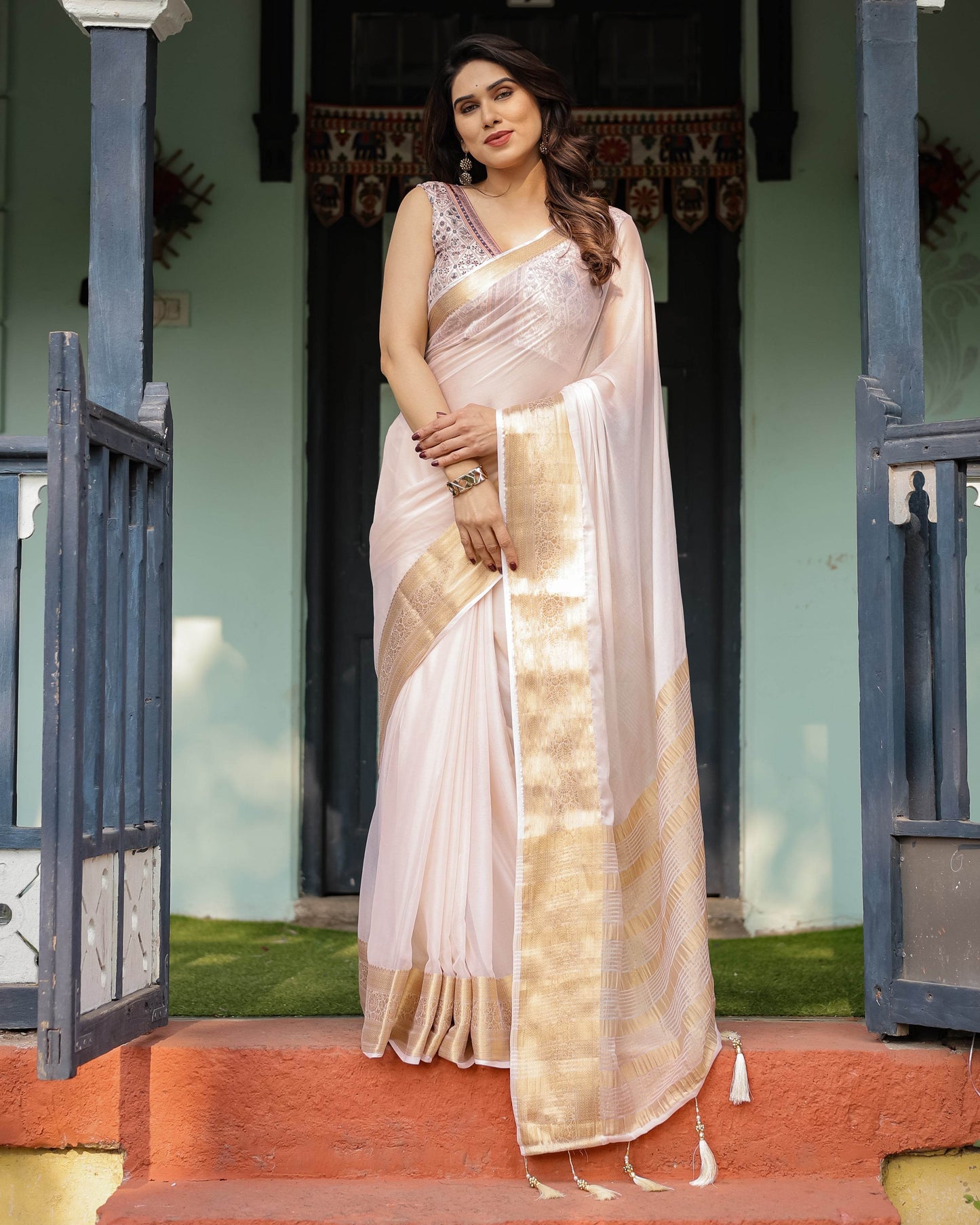 Ethereal Off-White Plain Chiffon Saree with Gold Zari Border, Intricate Floral Printed Blouse & Tassel Detailing - SEEANS