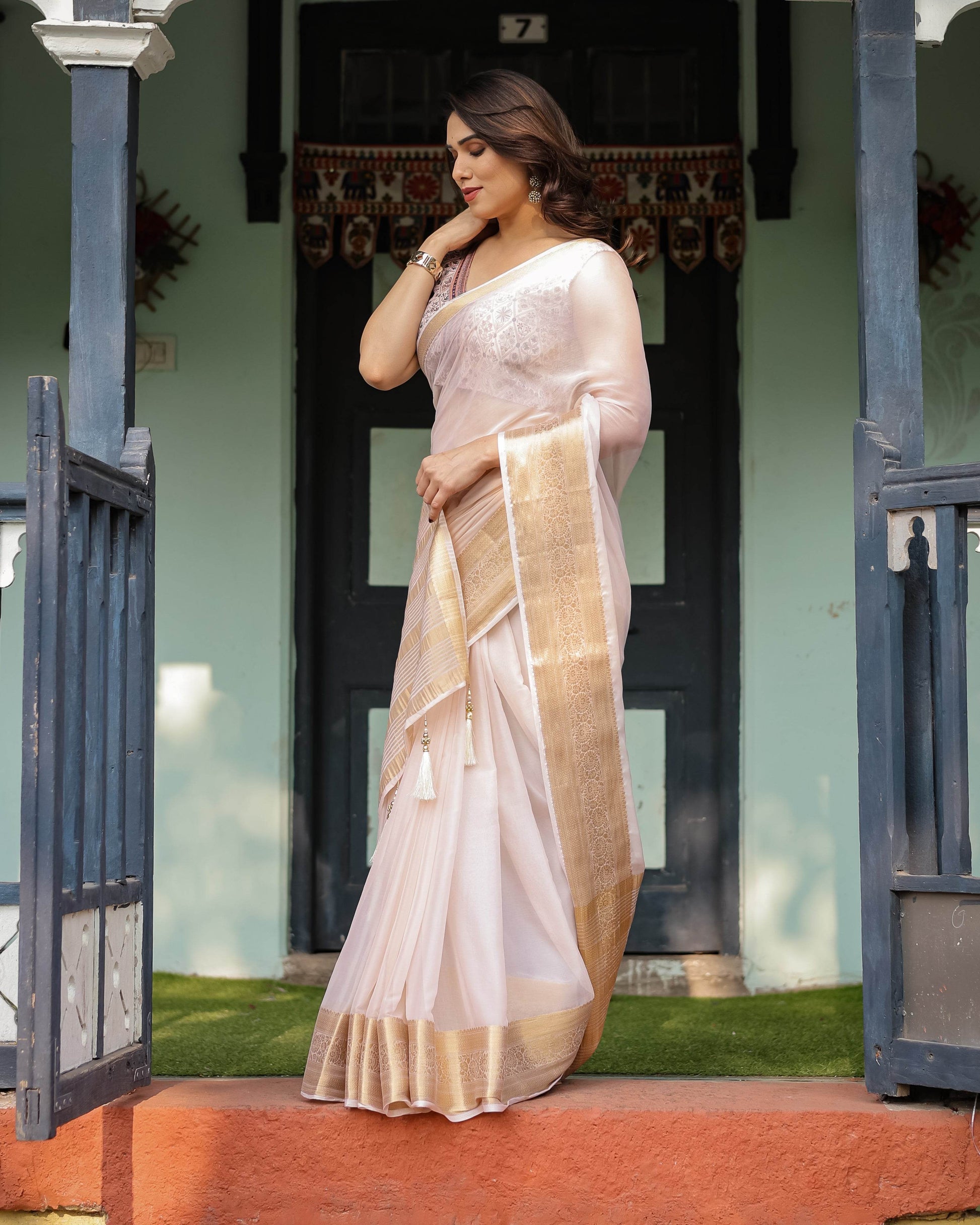 Ethereal Off-White Plain Chiffon Saree with Gold Zari Border, Intricate Floral Printed Blouse & Tassel Detailing - SEEANS