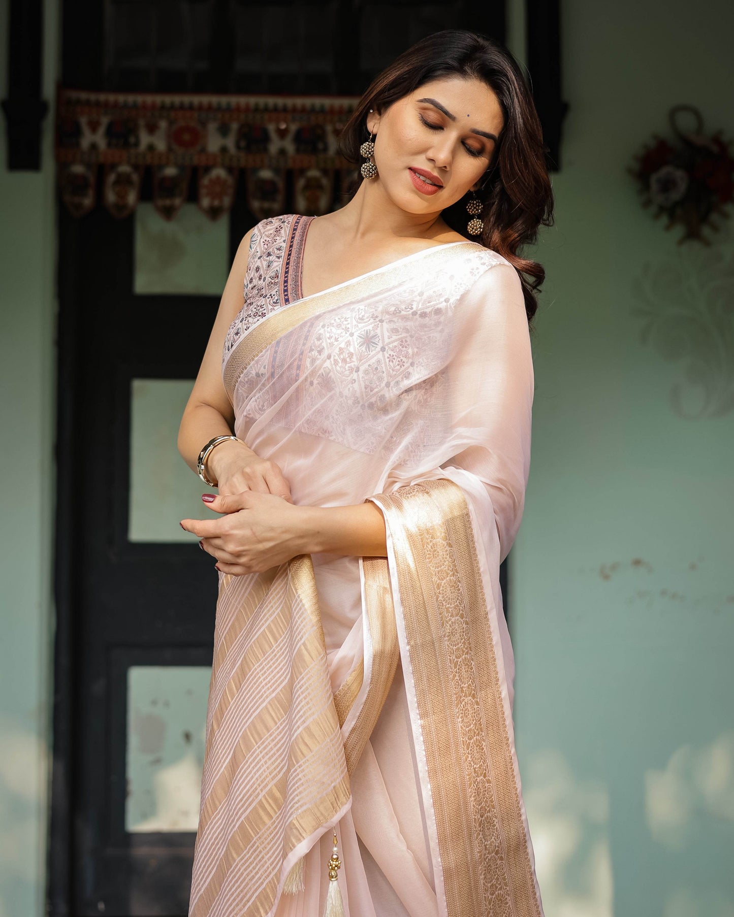 Ethereal Off-White Plain Chiffon Saree with Gold Zari Border, Intricate Floral Printed Blouse & Tassel Detailing - SEEANS