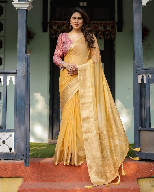 Radiant Mustard Yellow Plain Chiffon Saree with Gold Zari Border, Printed Designer Blouse & Tassel Detailing - SEEANS