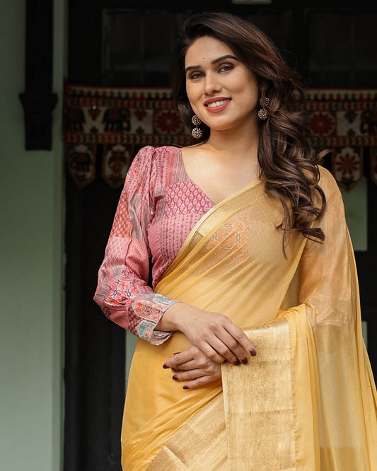 Radiant Mustard Yellow Plain Chiffon Saree with Gold Zari Border, Printed Designer Blouse & Tassel Detailing - SEEANS