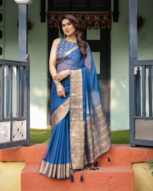 Royal Blue Plain Chiffon Saree with Gold Zari Border, Geometric Printed Blouse & Tassel Detailing - SEEANS