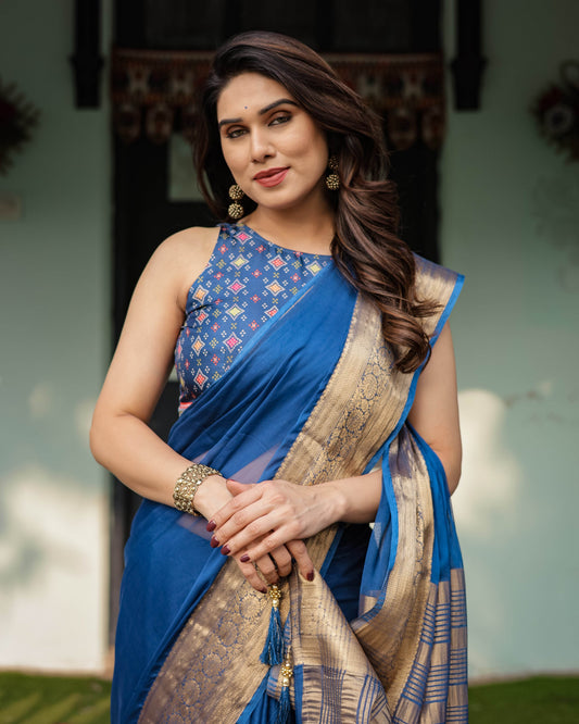 Royal Blue Plain Chiffon Saree with Gold Zari Border, Geometric Printed Blouse & Tassel Detailing - SEEANS