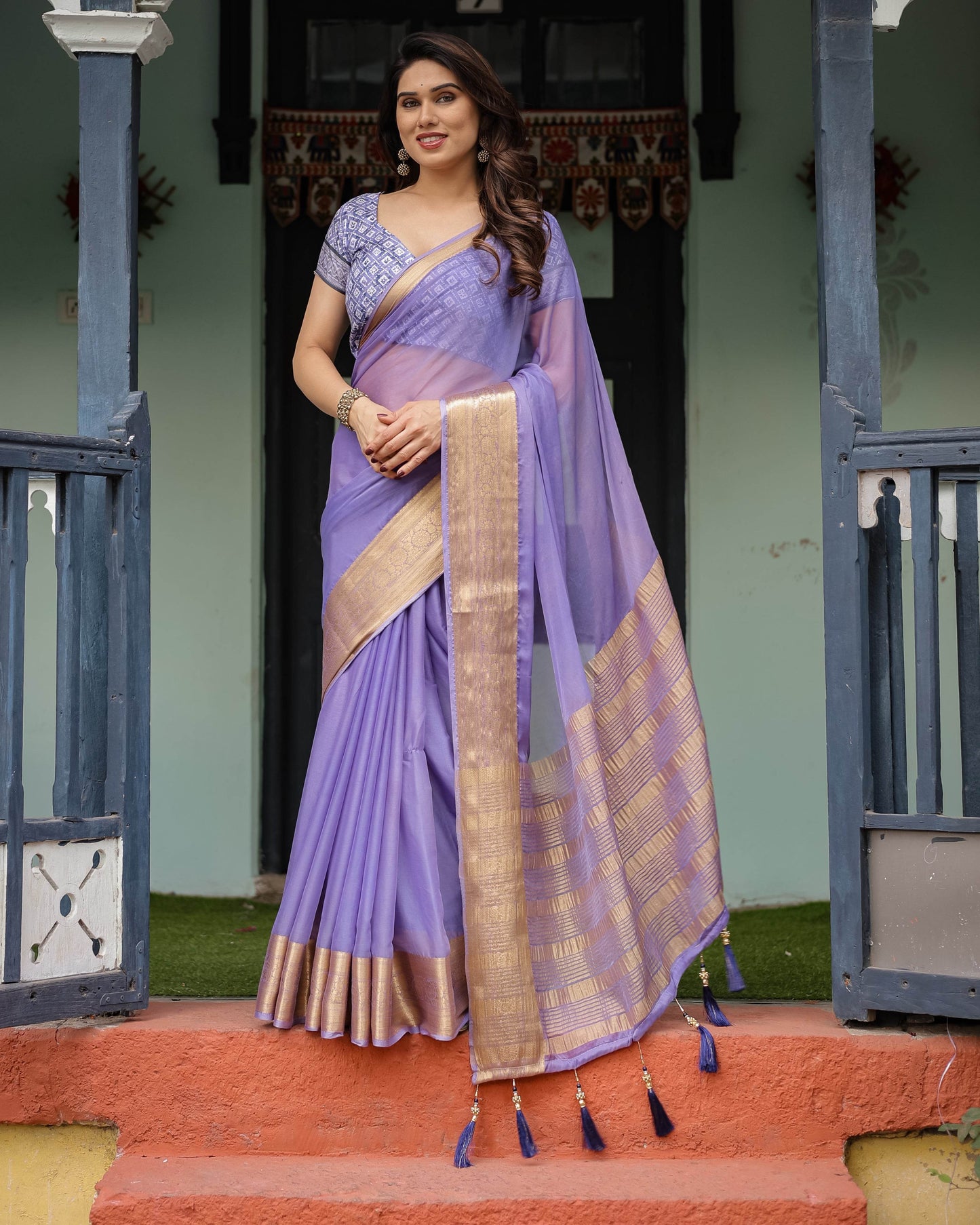 Lavender Plain Chiffon Saree with Gold Zari Border, Geometric Printed Blouse & Tassel Detailing - SEEANS