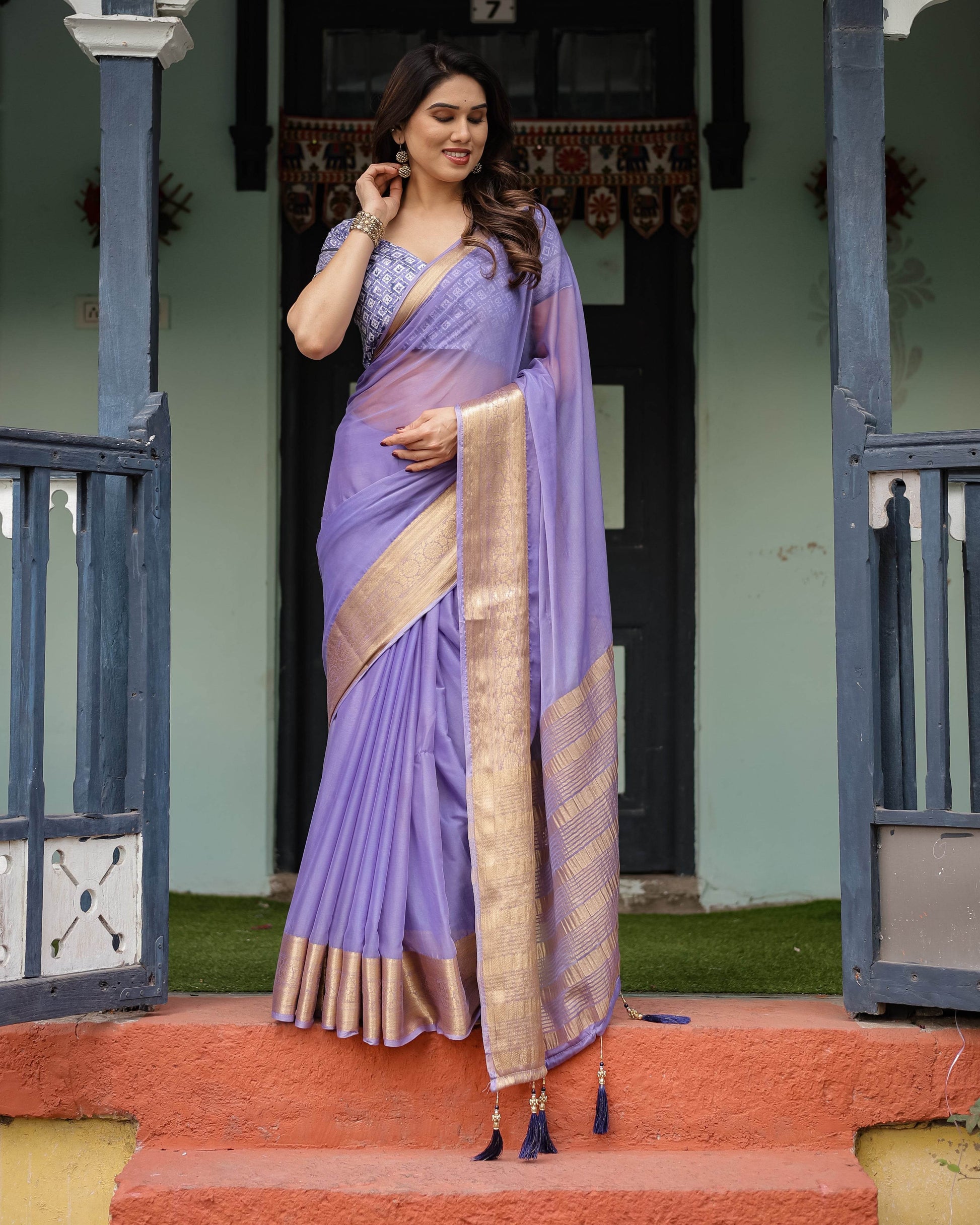 Lavender Plain Chiffon Saree with Gold Zari Border, Geometric Printed Blouse & Tassel Detailing - SEEANS