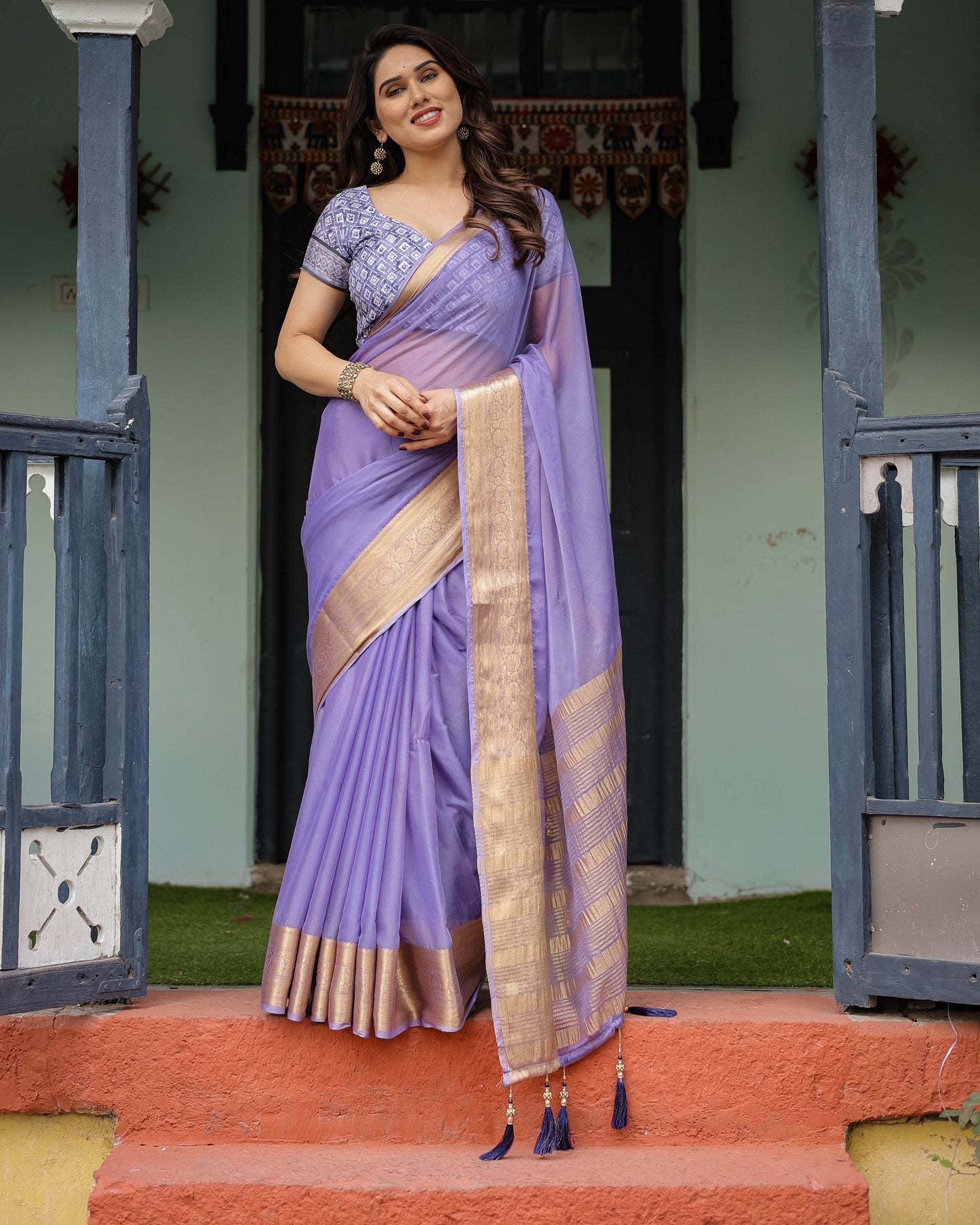 Lavender Plain Chiffon Saree with Gold Zari Border, Geometric Printed Blouse & Tassel Detailing - SEEANS