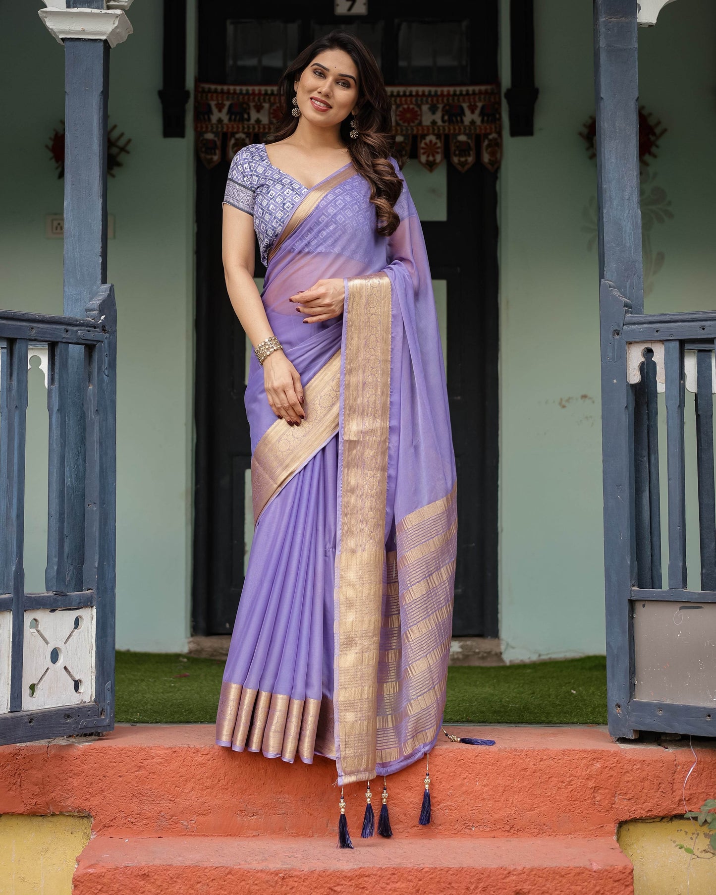 Lavender Plain Chiffon Saree with Gold Zari Border, Geometric Printed Blouse & Tassel Detailing - SEEANS