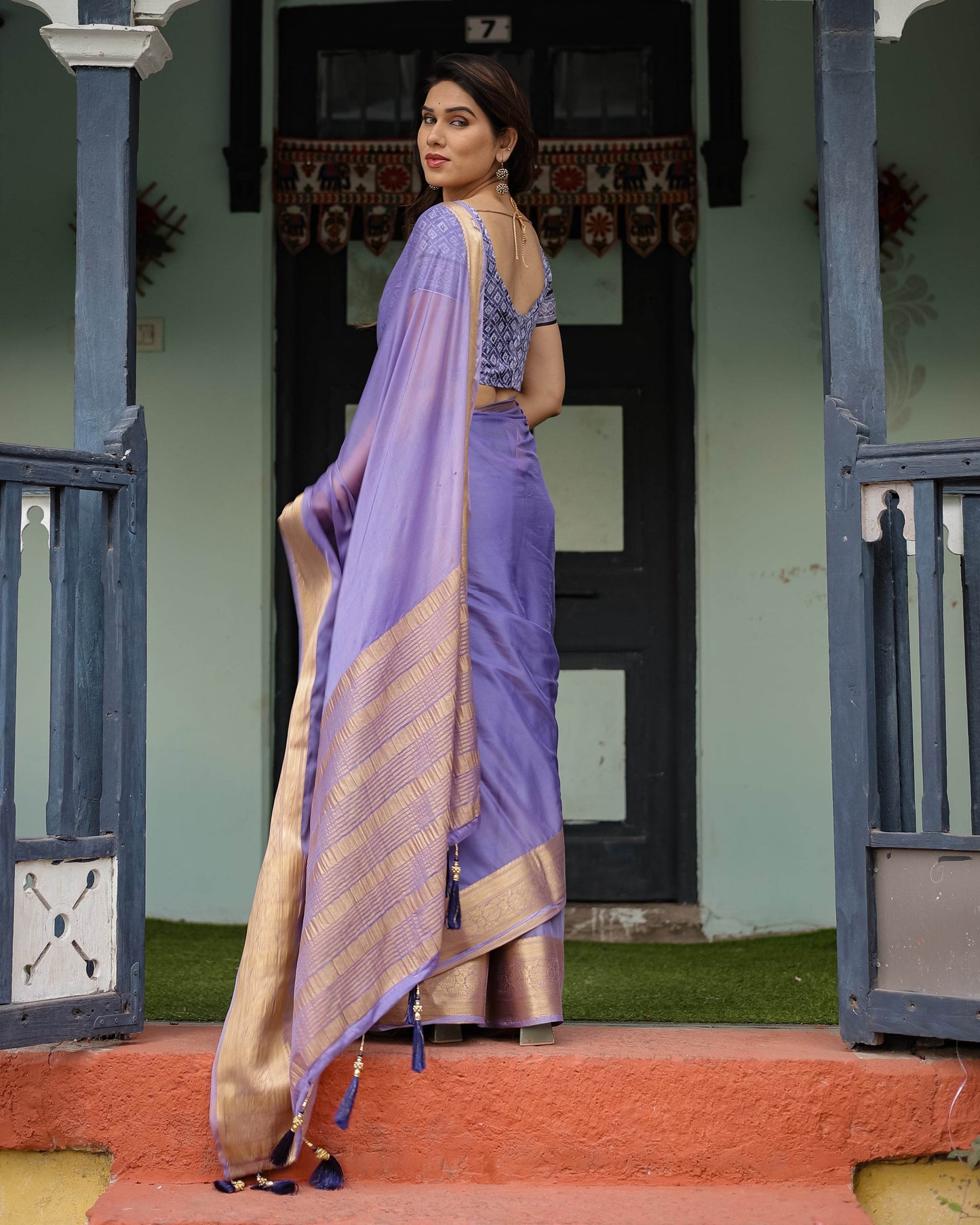 Lavender Plain Chiffon Saree with Gold Zari Border, Geometric Printed Blouse & Tassel Detailing - SEEANS