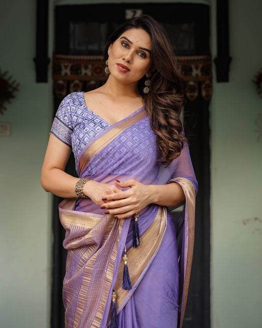 Lavender Plain Chiffon Saree with Gold Zari Border, Geometric Printed Blouse & Tassel Detailing - SEEANS