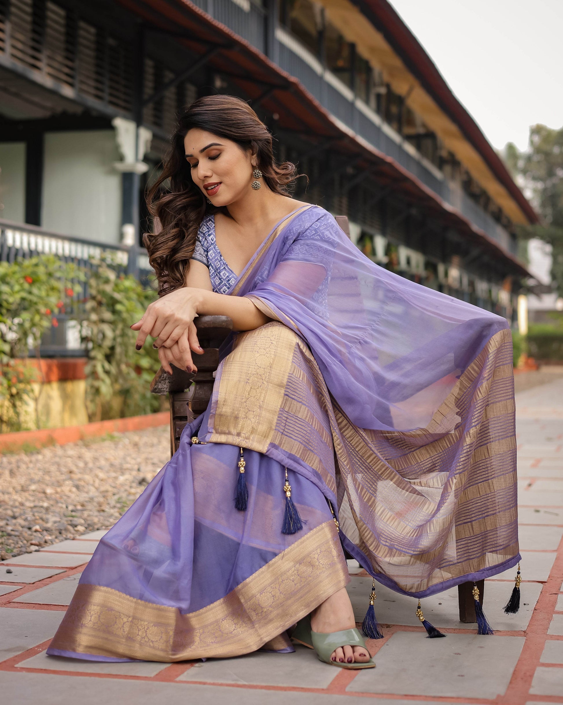 Lavender Plain Chiffon Saree with Gold Zari Border, Geometric Printed Blouse & Tassel Detailing - SEEANS