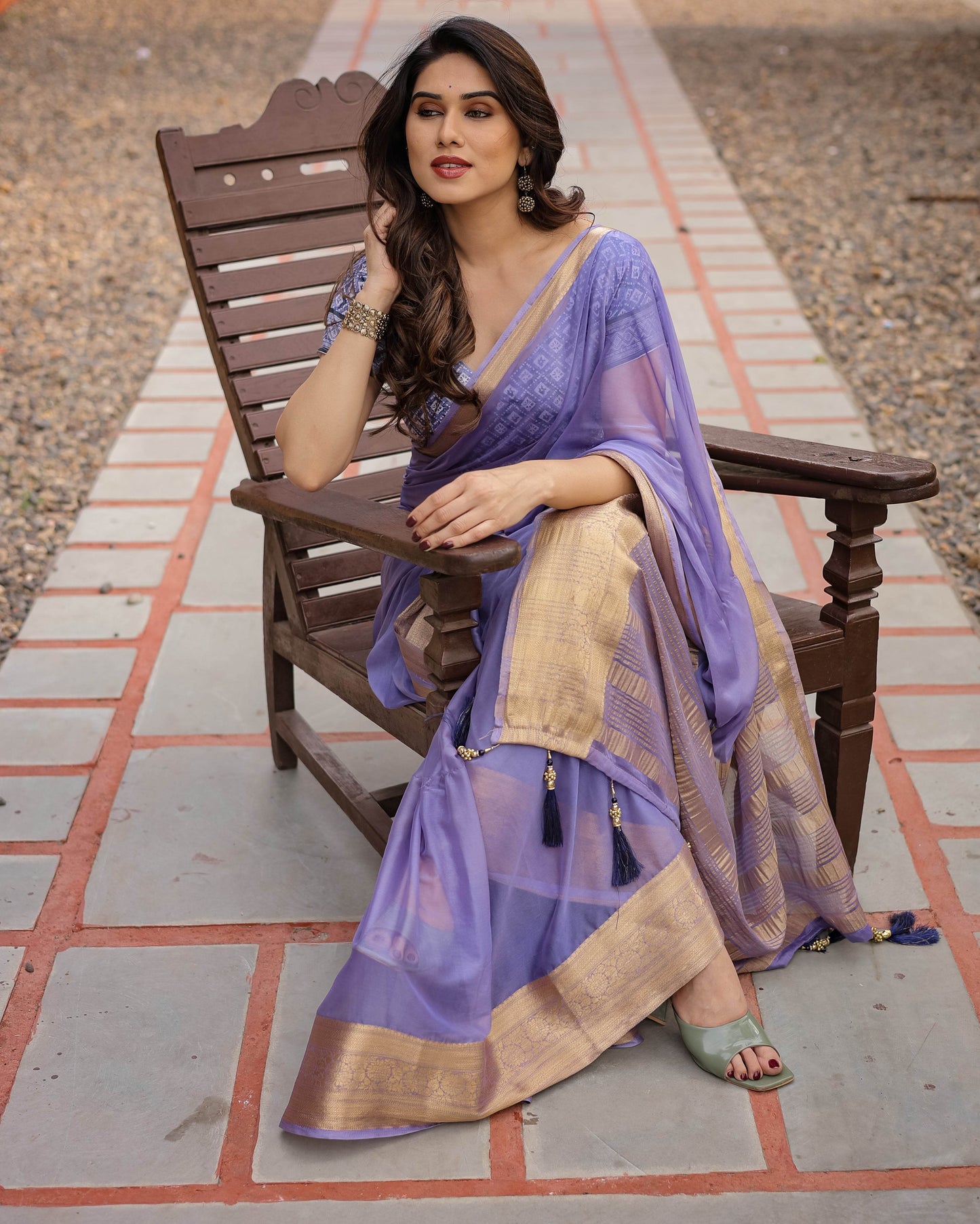 Lavender Plain Chiffon Saree with Gold Zari Border, Geometric Printed Blouse & Tassel Detailing - SEEANS