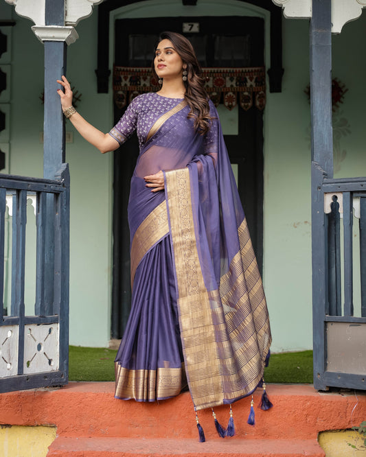 Deep Violet Plain Chiffon Saree with Gold Zari Border, Floral Printed Blouse & Tassel Detailing - SEEANS