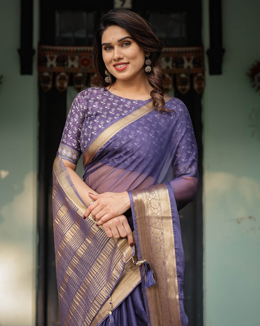 Deep Violet Plain Chiffon Saree with Gold Zari Border, Floral Printed Blouse & Tassel Detailing - SEEANS