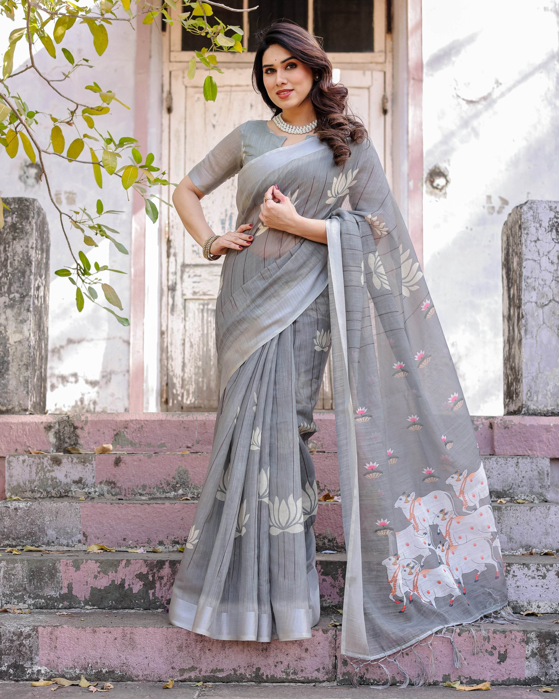 Multicolour Cotton Linen Saree with Traditional Patterns | Lightweight - SEEANS