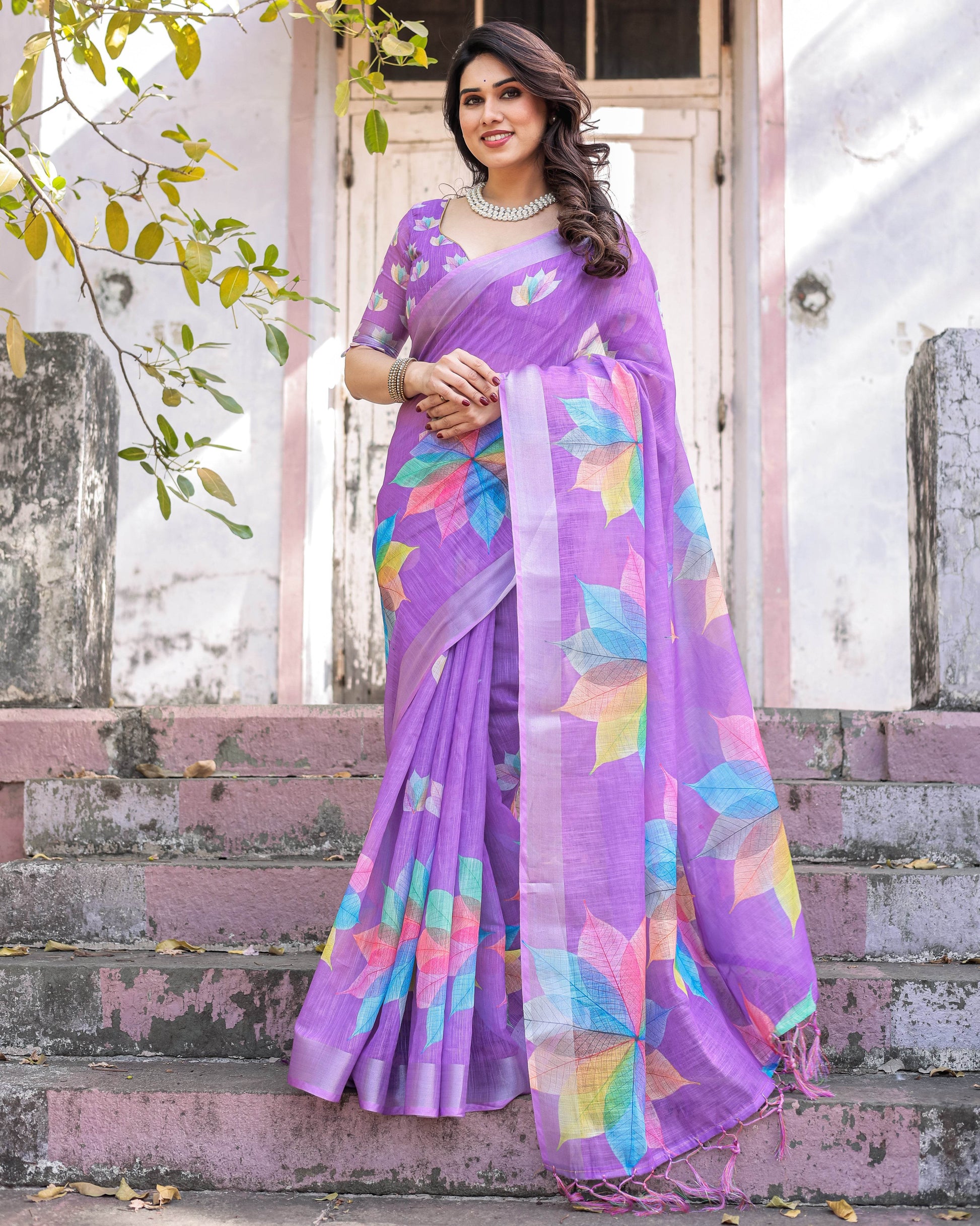 Multicolor Linen Saree with Traditional Patterns | Lightweight Festive Elegance - SEEANS